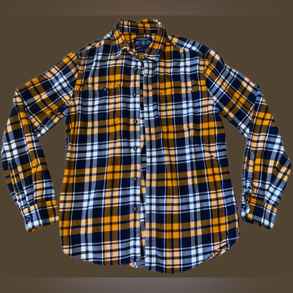 American Eagle 🦅 Flannel Orange Navy Medium Prep Fit